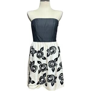 White House Black Market Silk Strapless Dress Black Cream Embroidered Roses 10